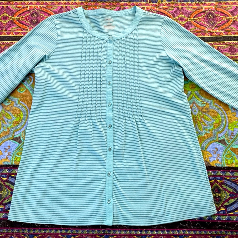L.L. Bean Aqua Tee w/ darker aqua horizontal stripes and pin tucked bib